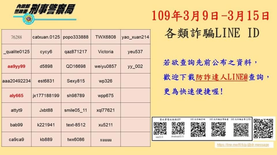 詐騙LINE帳號。圖片來源：165反詐騙宣導FB粉專
