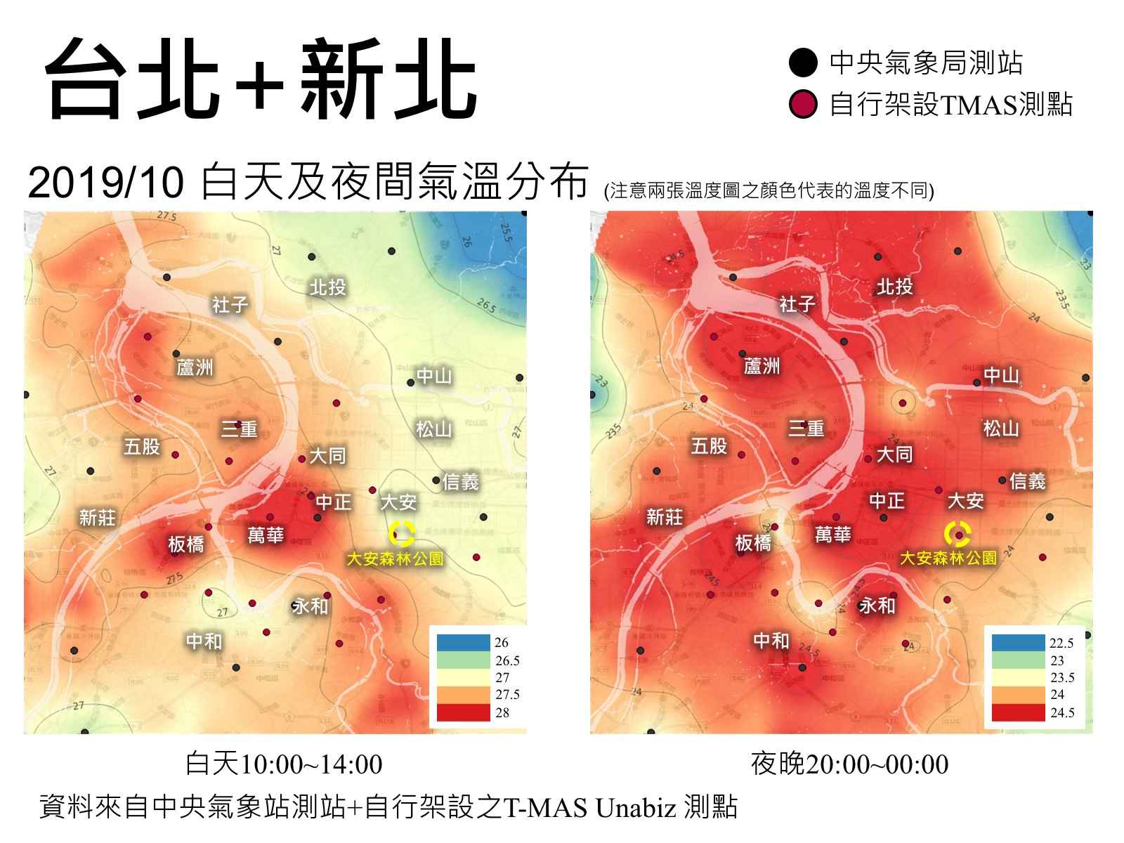 林子平的都市熱島地圖上，可見建築密集處紅通通一片，連入夜也難以降溫。圖片來源：林子平