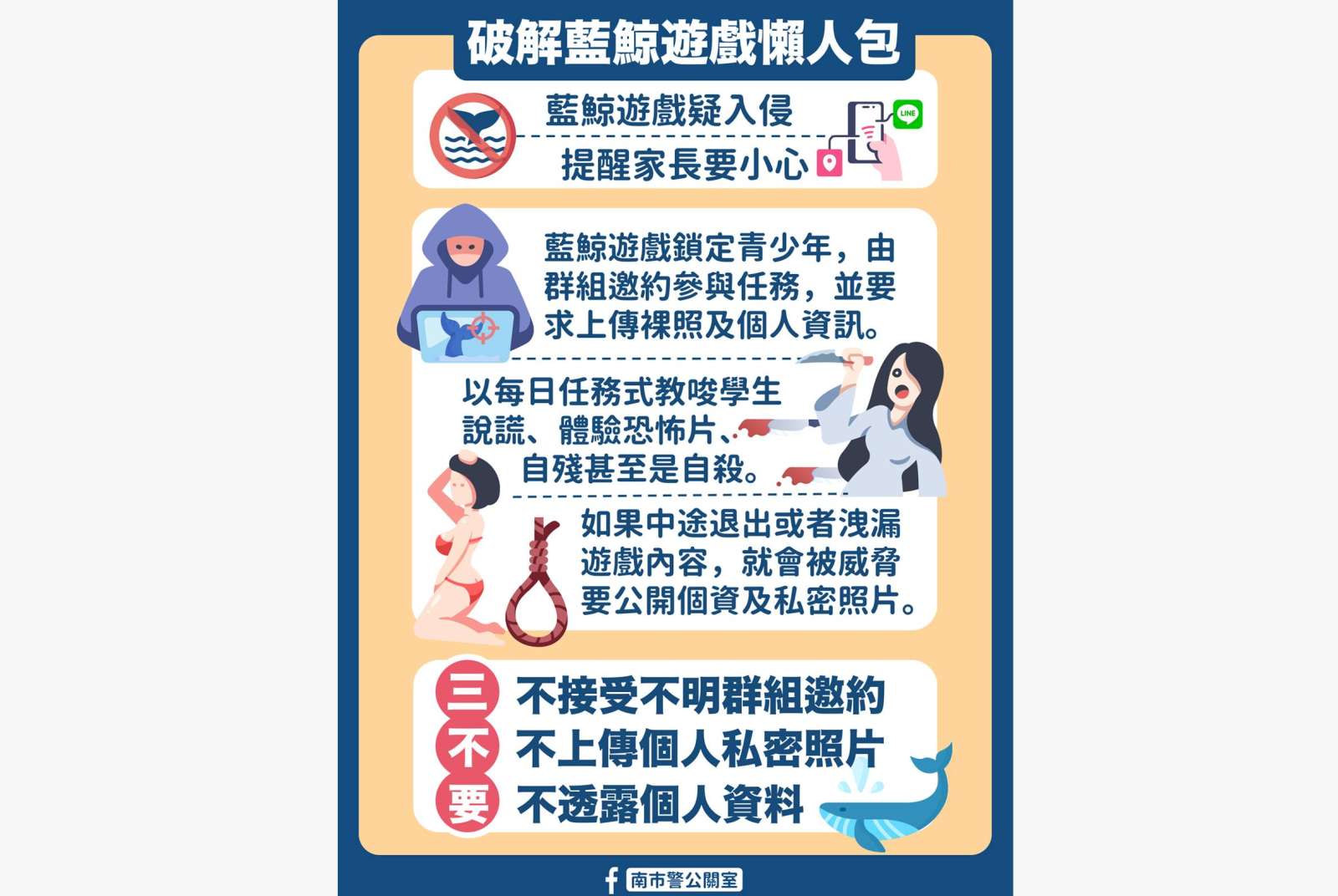 台南市警局提醒「三不要」破解藍鯨遊戲。圖片來源：南市警公關室臉書