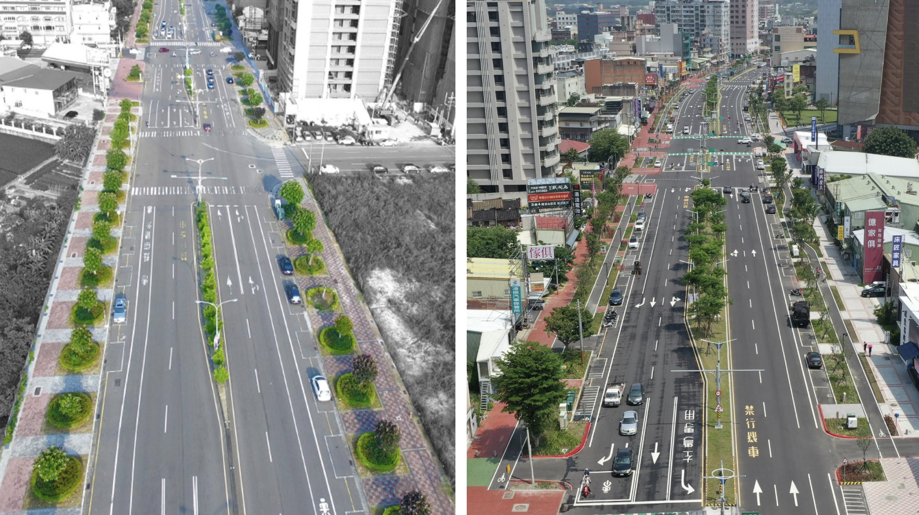 左圖是中央路改善前的空拍圖，當時人行道是一棵棵樹穴，民眾常在樹與樹之間自設斜坡道，將車子開進自家騎樓停放；右圖是改善後的中央路，人行道鋪設連續的綠色植栽，汽車不再開上人行道，營造更安全、友善的步行環境。圖片來源：苗栗縣政府。